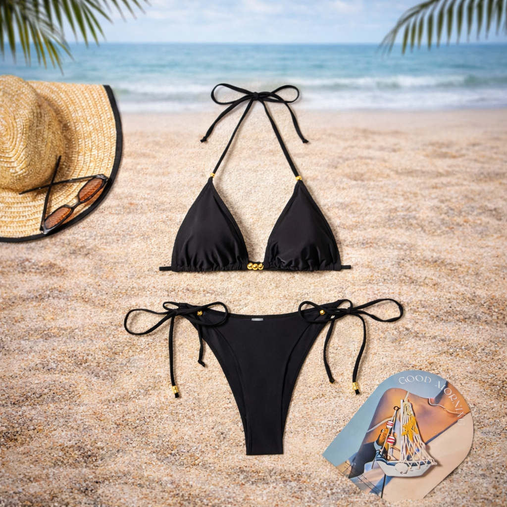 Bikini femme avec perles métalliques – maillot de bain 2 pièces tendance été